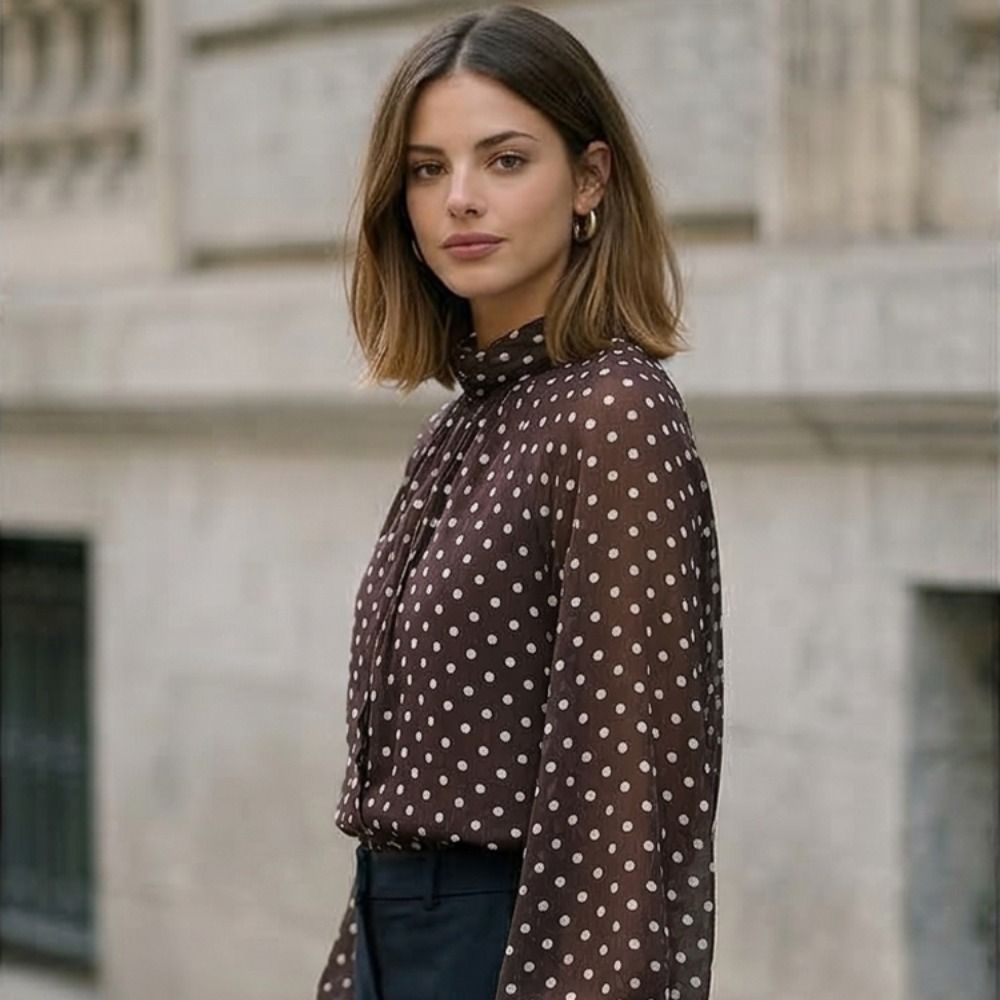 Street Fashion Necklace - Long Sleeve Dots Printed Blouse Vintage