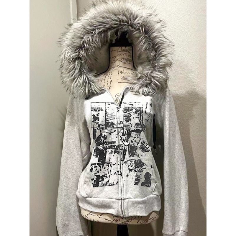 Grey Faux Fur Wool Double Zipp - Street Fashion Zip Up Hoodie ulasan dan harga