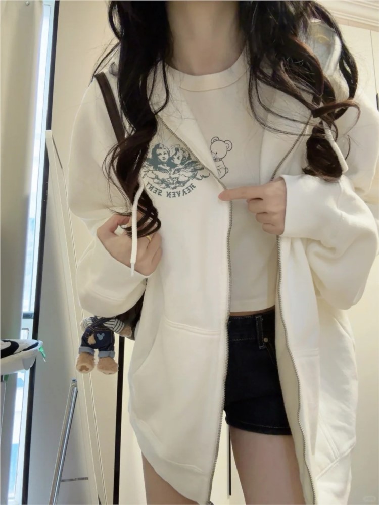 White Vintage Zip-up Hoodies W - Street Fashion Zip Up Hoodie ulasan dan harga
